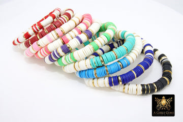Heishi Beaded Bracelet, White Gold Multi Color, 6 or 8 mm Stretchy Bracelet #698